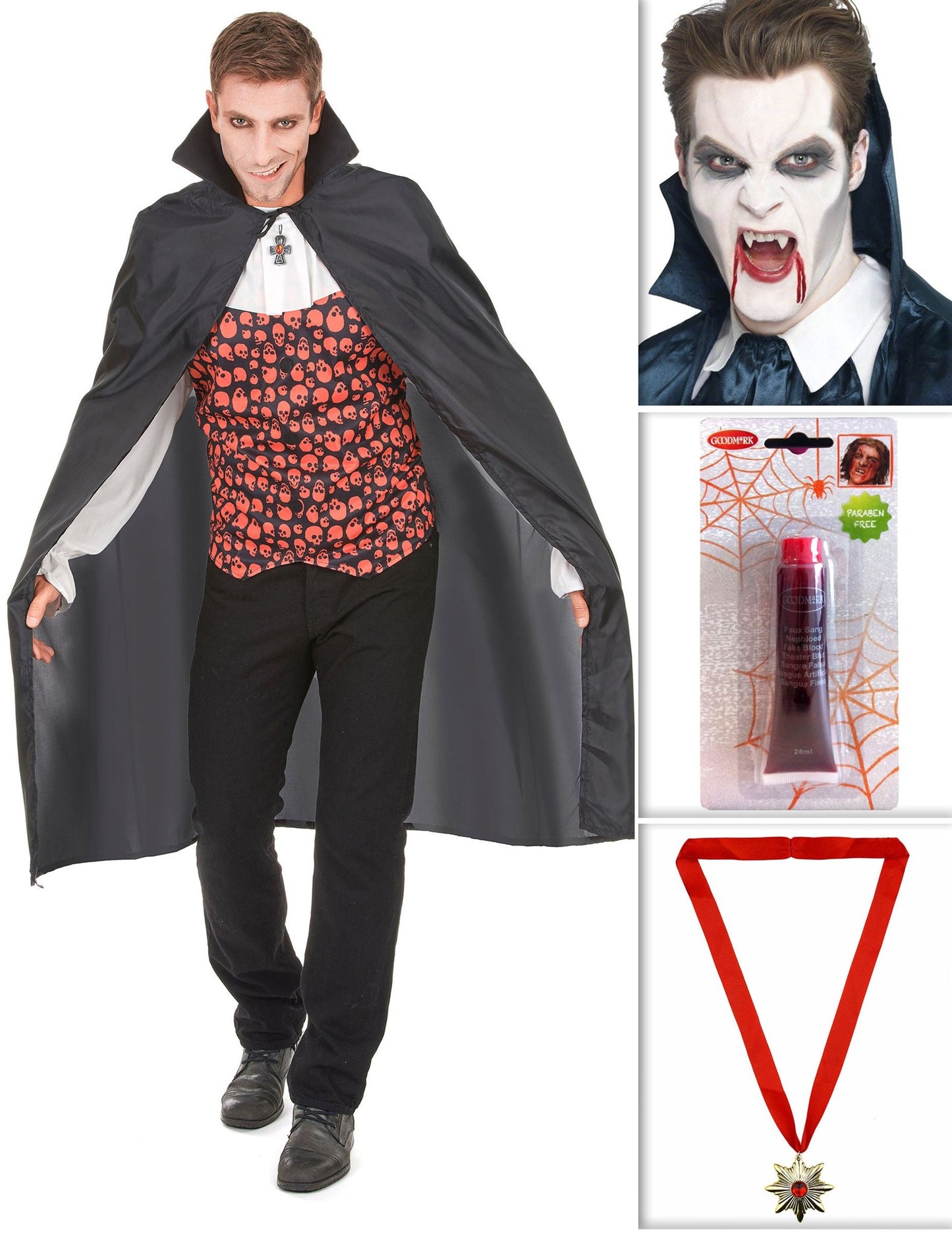 Pack de vampire avec cape, dents, faux sang et médaillon Halloween