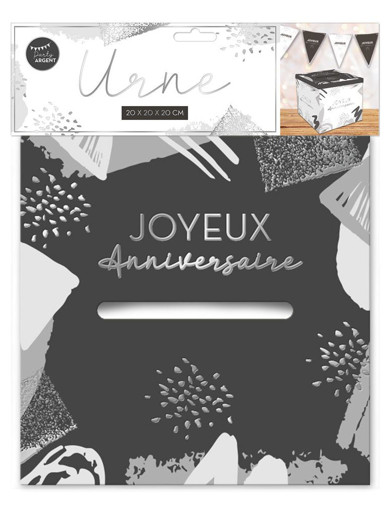 Bela in srebrna kartonska volilna skrinjica za rojstni dan