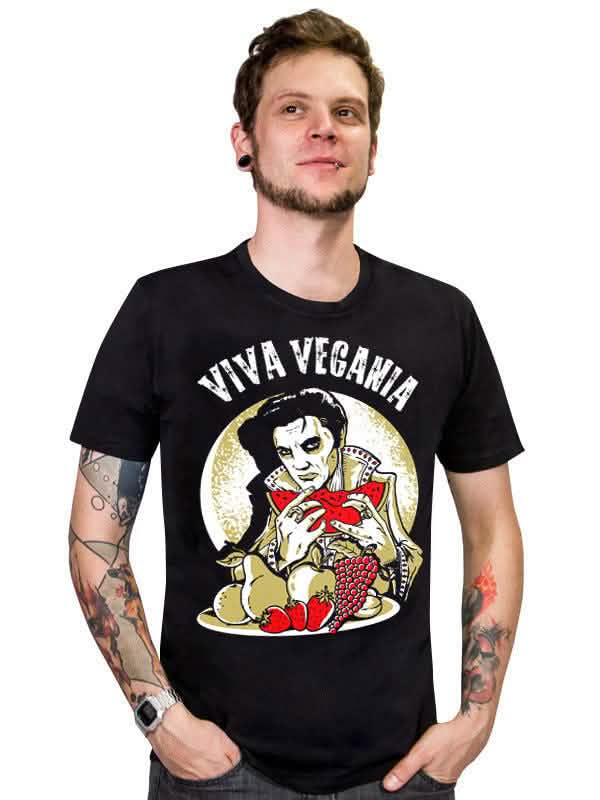 majice vegan Viva Vegania za moški črna z motivom parodije Elvisa in sadje