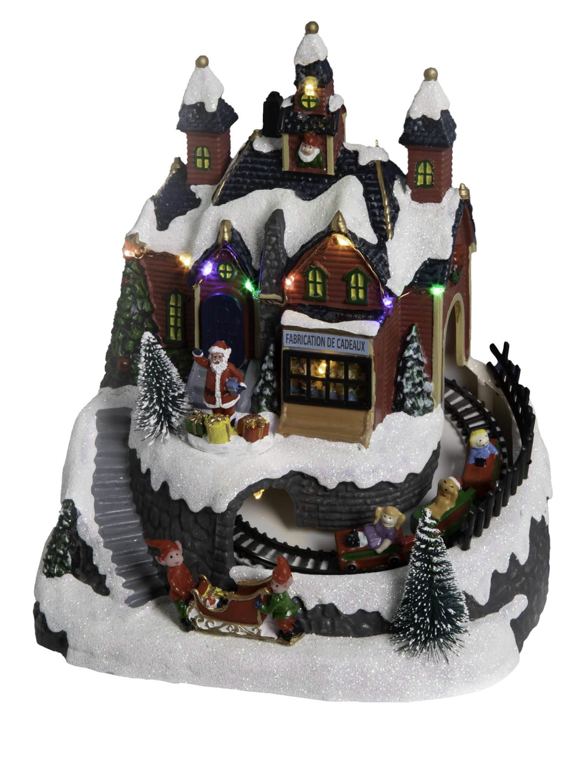 Village atelier de Noël animé et musical enneigé avec petit train et lutins