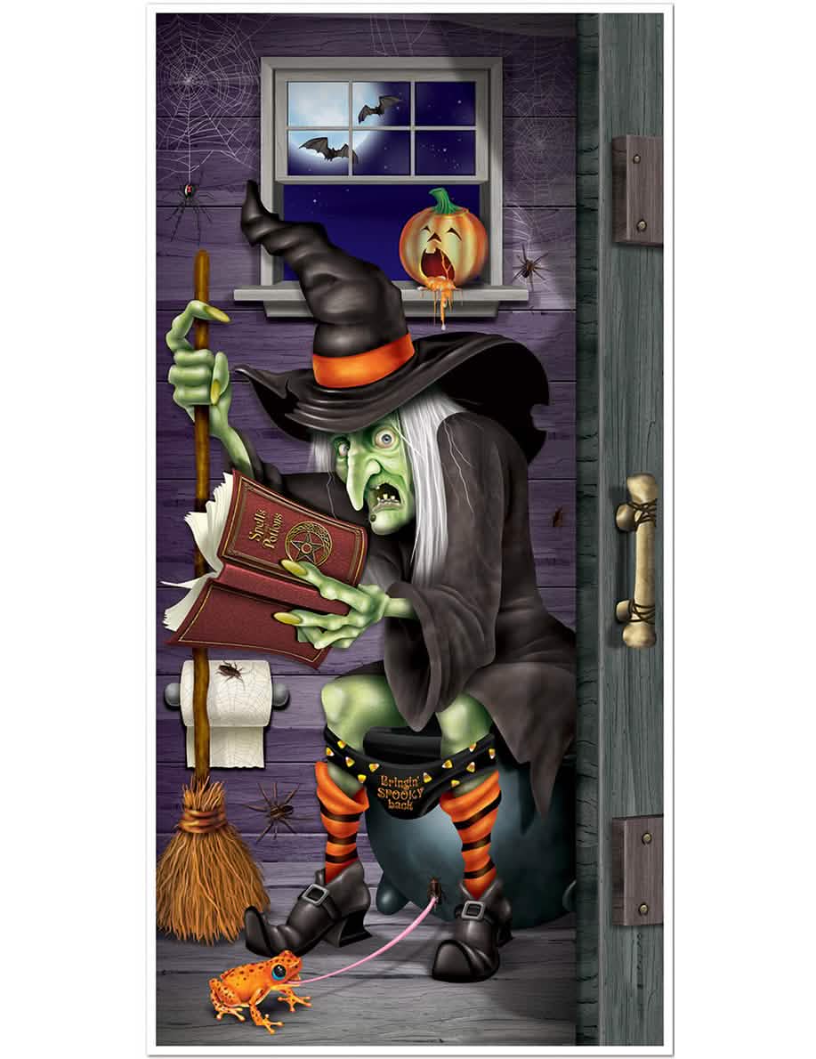 Pisana dekoracija za vrata stranišča z čarovnico za halloween z grimoirjem in kotlom