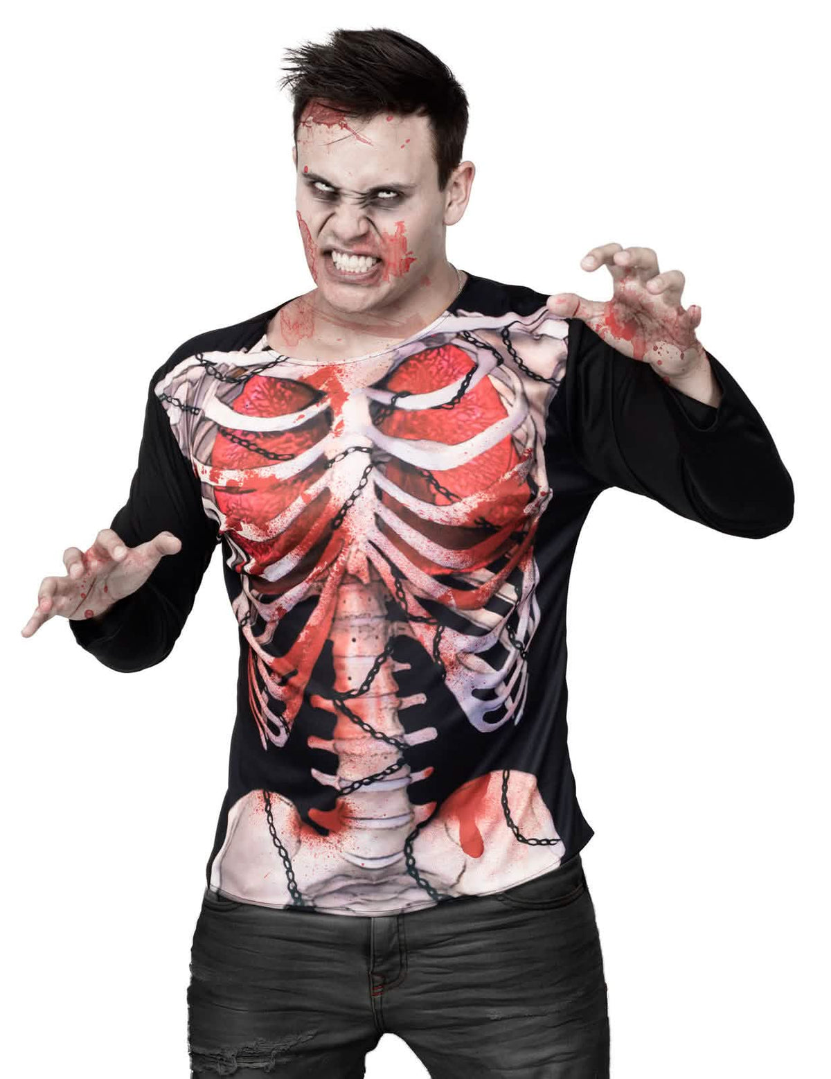 majice zombiji skelet halloween za moški črna z natisom krvavega prsnega koša