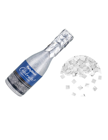 Top papirnat konfeti top v obliki šampanjca, iz srebrnega metaliziranega papirja, 20,5 cm 