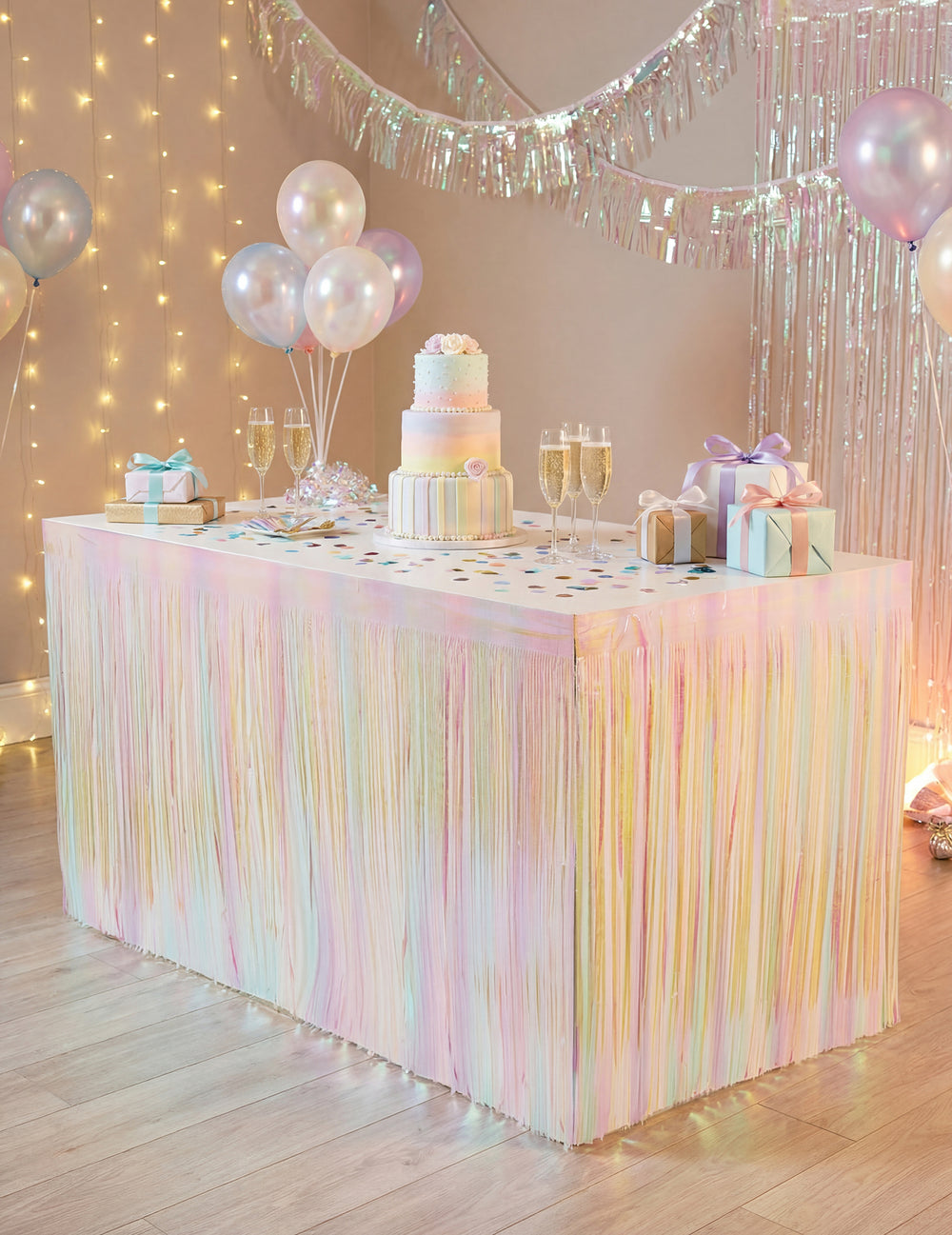 Jupe de table à franges irisées pour fête pastel multicolore