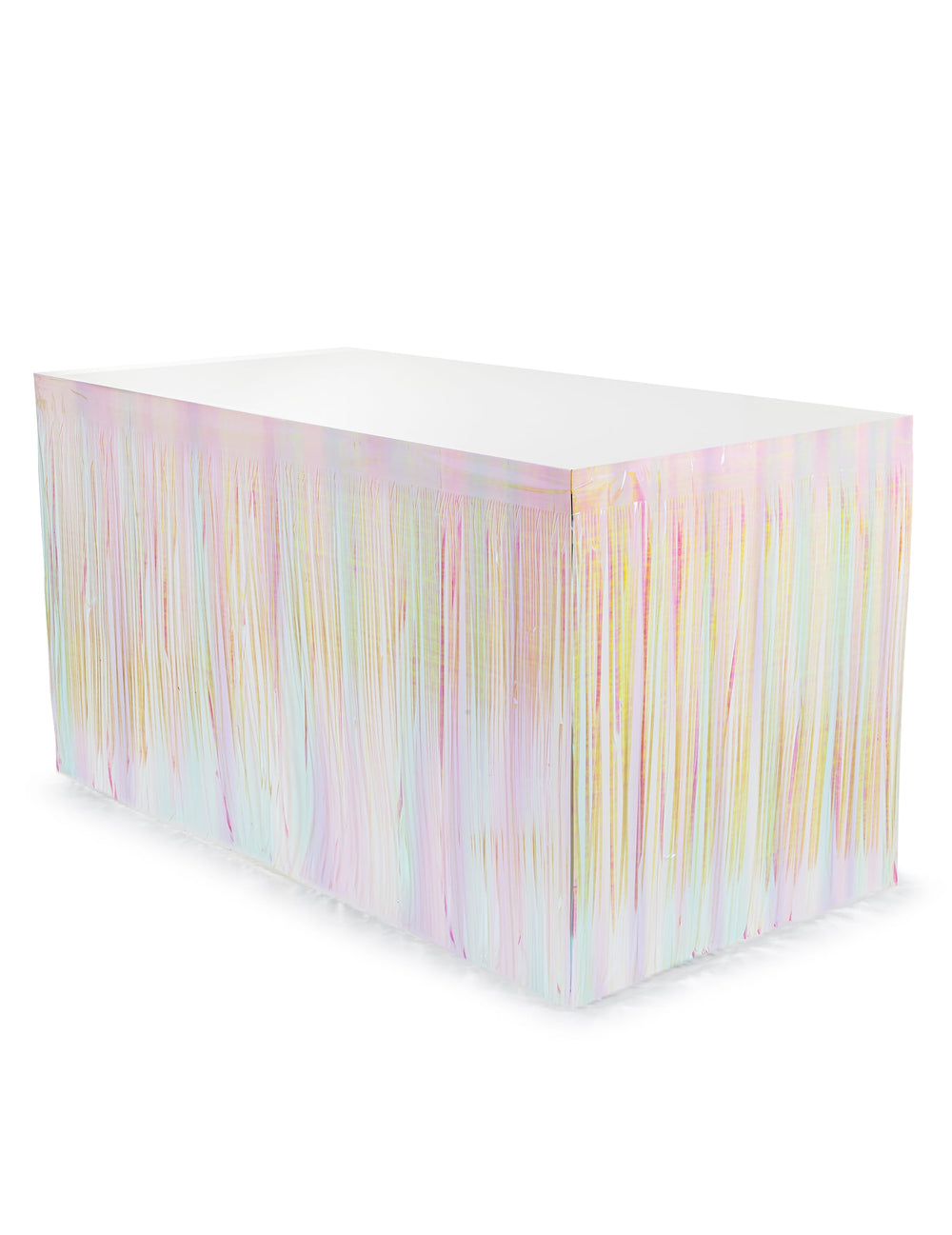 Vue d'ensemble sur une table de la jupe de table à franges irisées pour fête