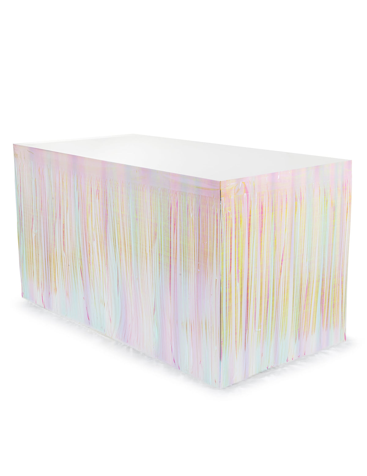 Vue d'ensemble sur une table de la jupe de table à franges irisées pour fête
