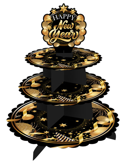 Večplastno stojalo za torto Srečno novo leto, črno-zlato, 40 x 30 cm