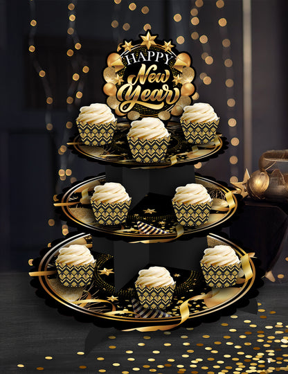 Večplastno stojalo za torto Srečno novo leto, črno-zlato, 40 x 30 cm