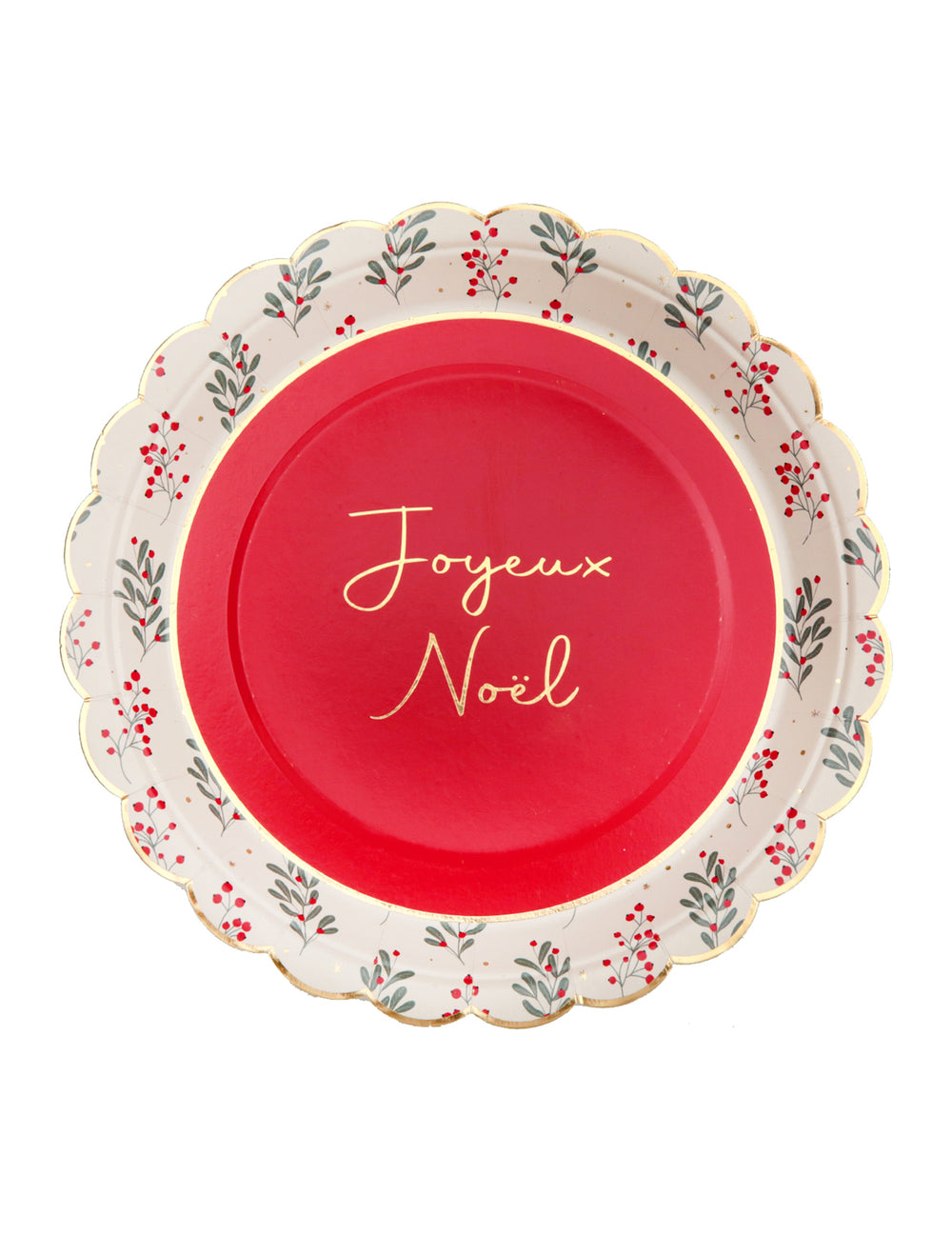 Assiettes en carton festonnées houx de Noël pour fête rouges et blanches Joyeux Noël
