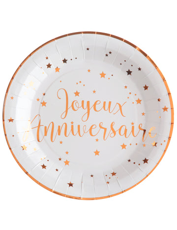 10 kartonskih krožnikov z motivi rojstnega dne v roza zlati barvi, 22,5 cm bele zvezde