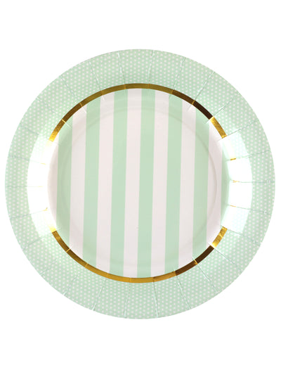 Assiettes en carton baby shower menthe à rayures et pois avec bordure dorée