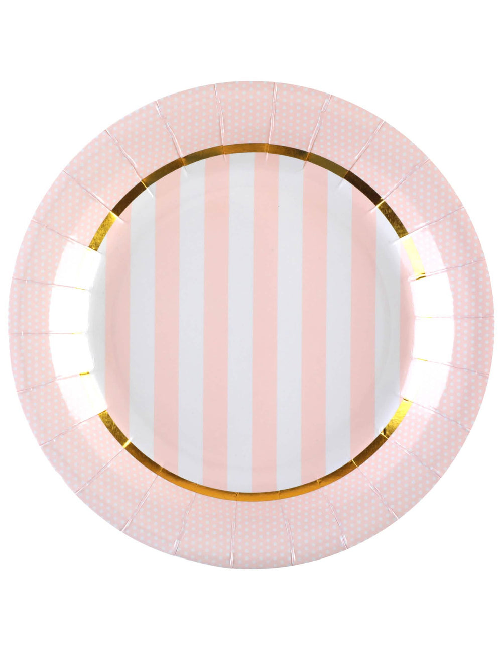 kartonski krožniki za baby shower za rožnato zabavo s črtami in pikami z zlato obrobo
