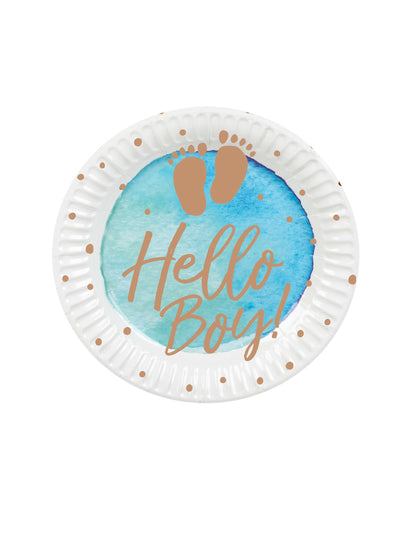 10 modro-zlatih kartonskih krožnikov Hello Boy 23 cm otroška zabava