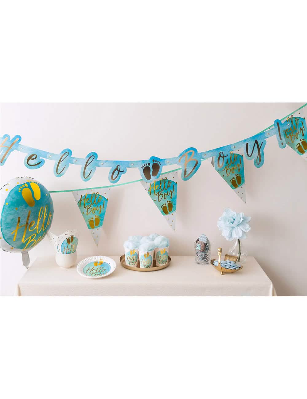 Namizna postavitev za zabavo z kartonskimi krožniki Hello Boy za baby shower modra in zlata