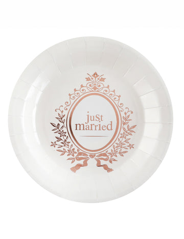 10 kartonskih krožnikov "Just Married" v beli in rožnato zlati barvi 23 cm za elegantno poroko