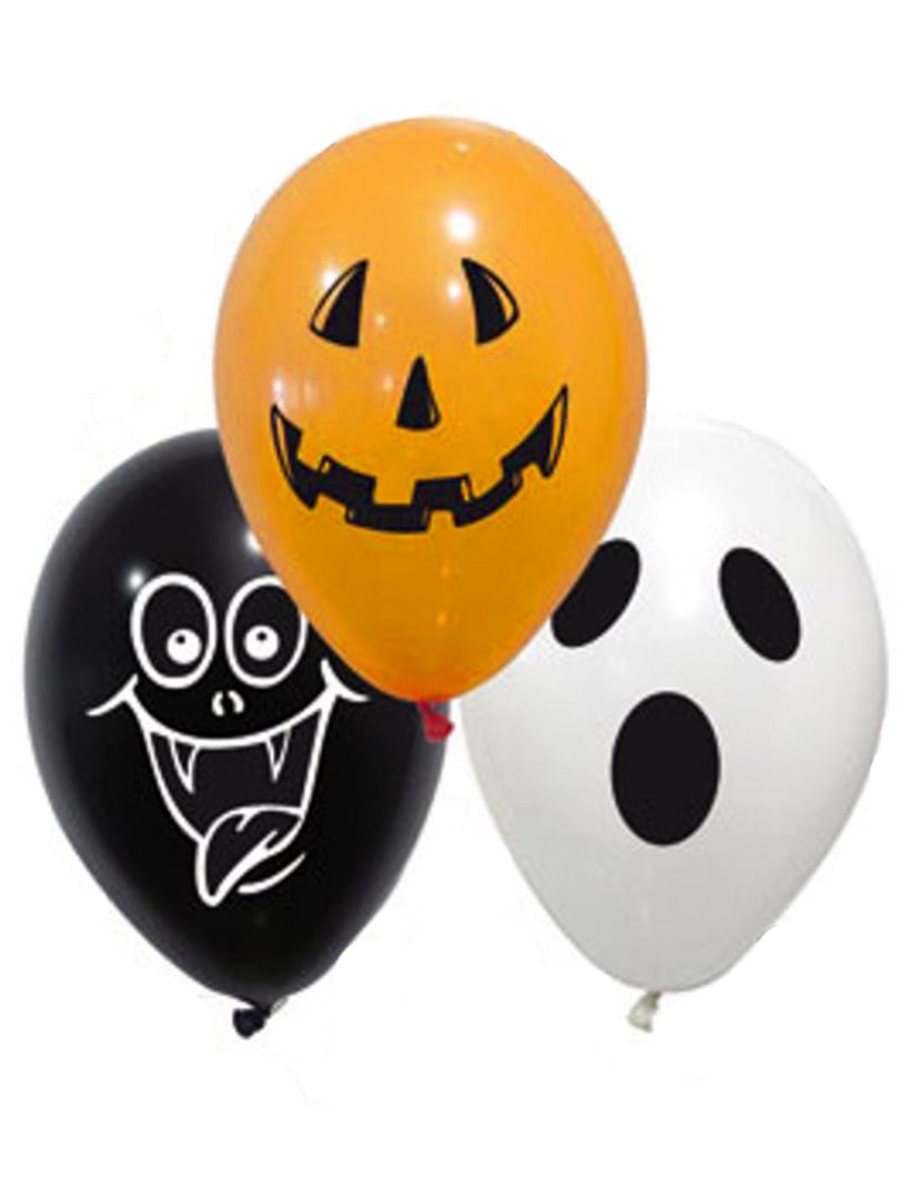 Ballons en latex spooky halloween orange noir et blanc avec motifs citrouille vampire et fantôme
