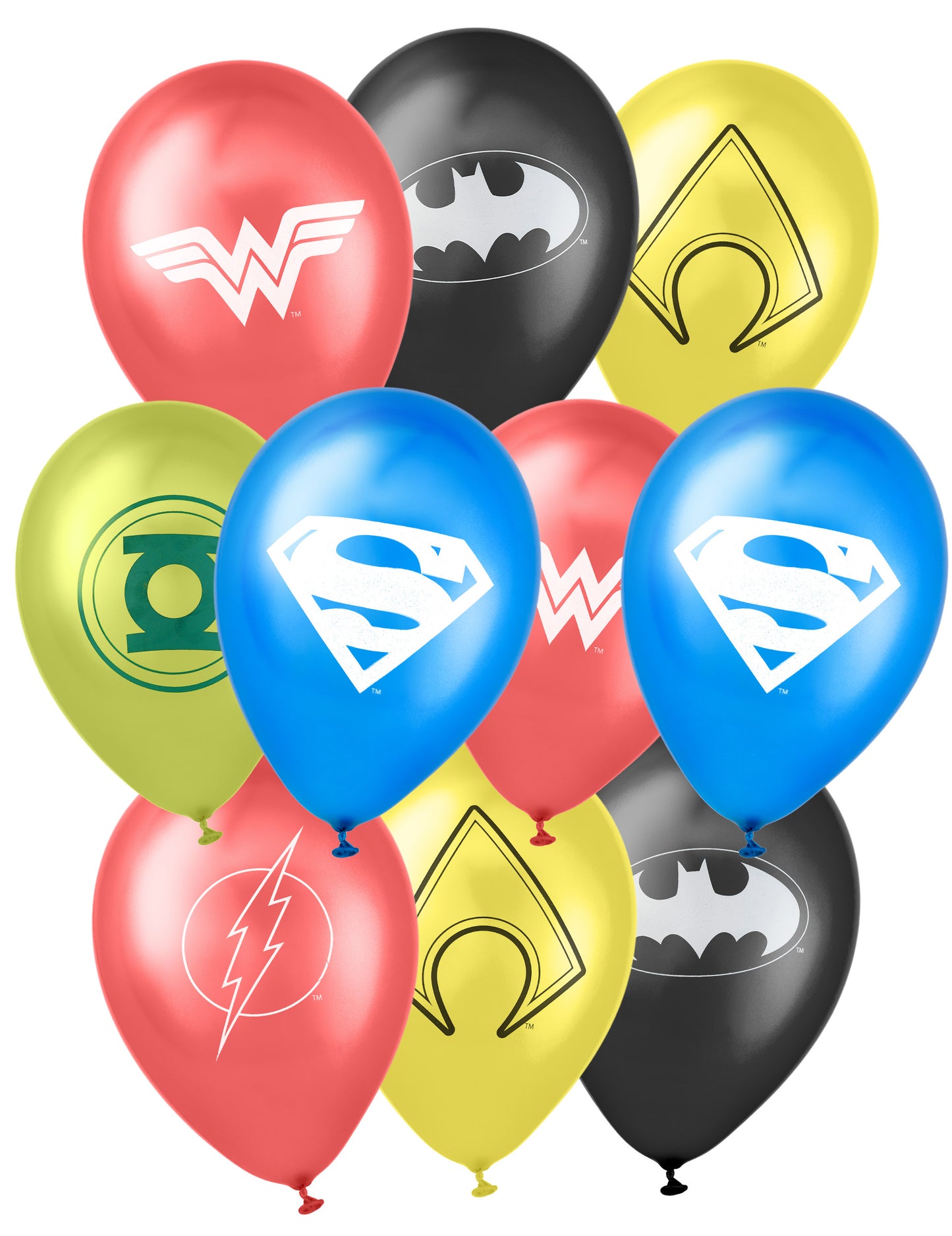 Ballons latex Justice League multicolores avec logos Batman Superman Wonder Woman Flash Aquaman et Green Lantern