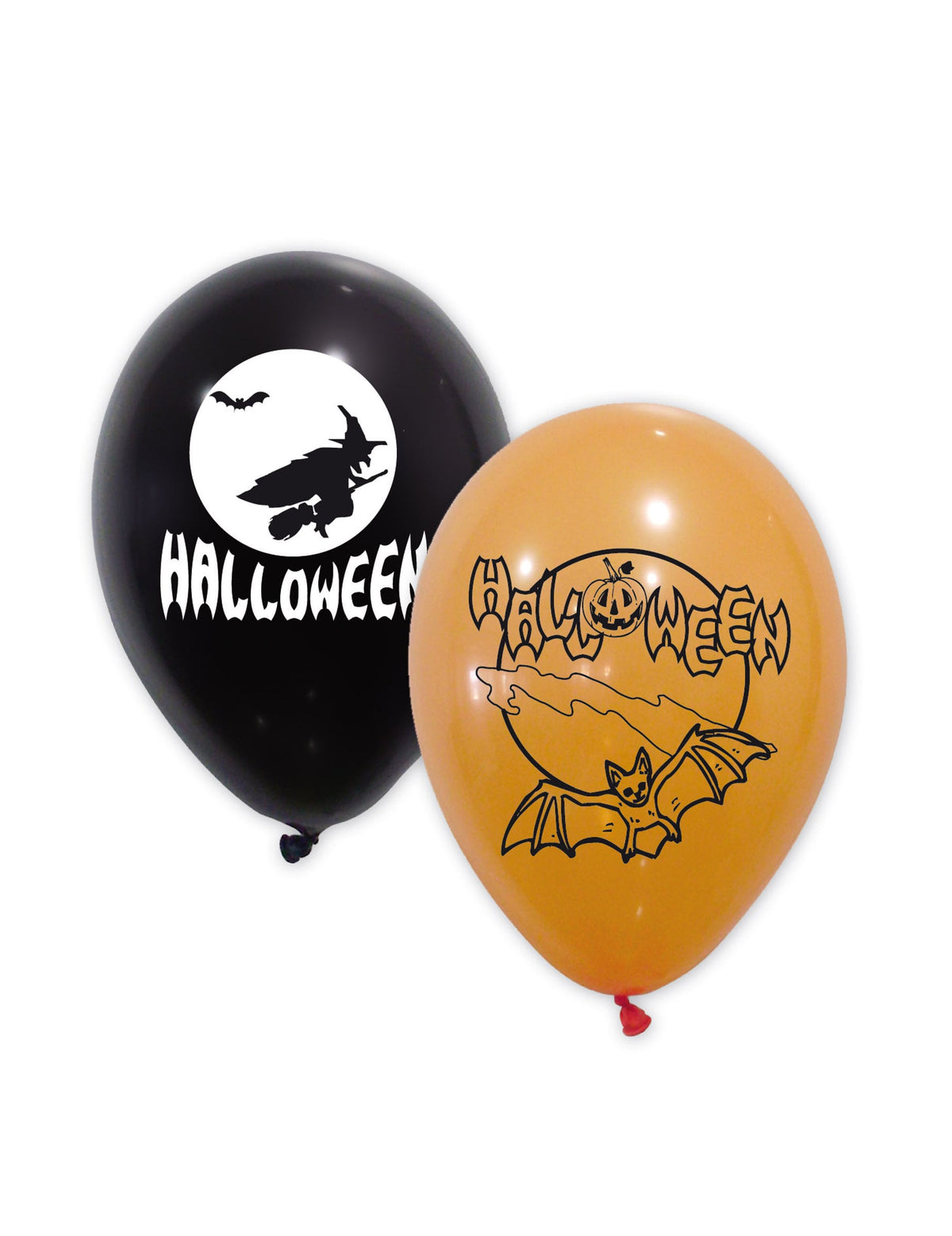 Ballons latex Halloween noirs et oranges avec motifs sorcière et chauve-souris