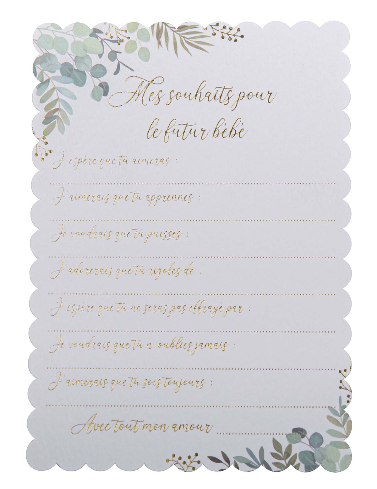Cartes de souhaits Oh Baby pour baby shower avec motifs eucalyptus et texte doré