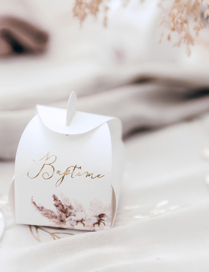 10 kartonskih krstnih posodic s pampaško travo in cvetovi bombaža (5 x 7 cm) cm