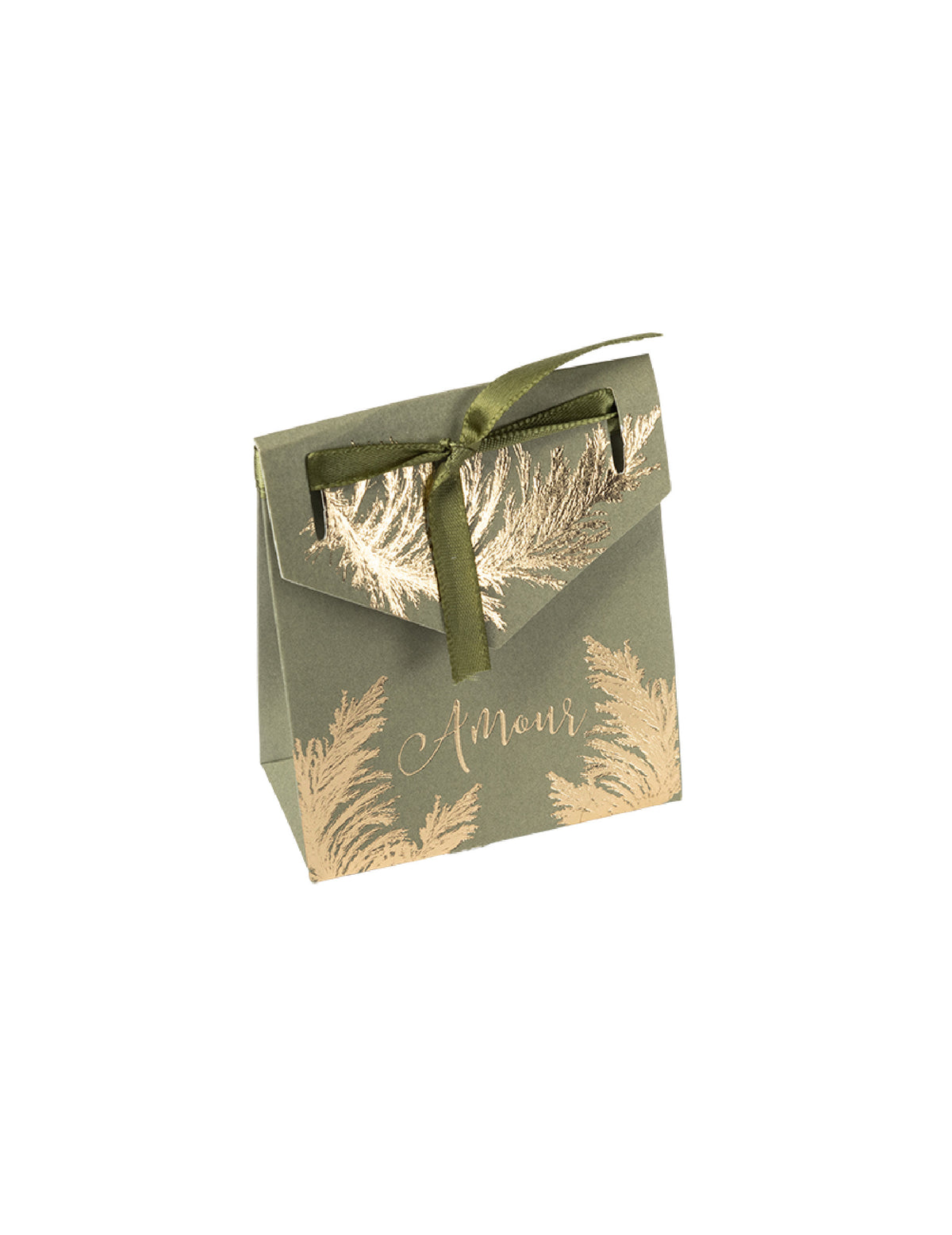 Contenant en carton pampa amour pour mariage kaki et dorure or avec ruban