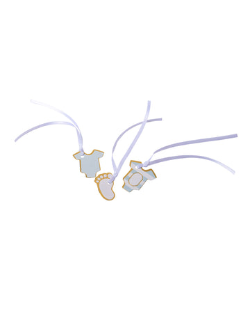 Étiquettes petit trésor pour baby shower rayées bleu et dorure