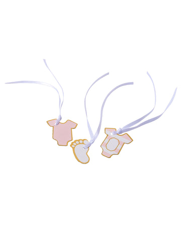 Étiquettes petite merveille pour baby shower rose et doré avec rubans