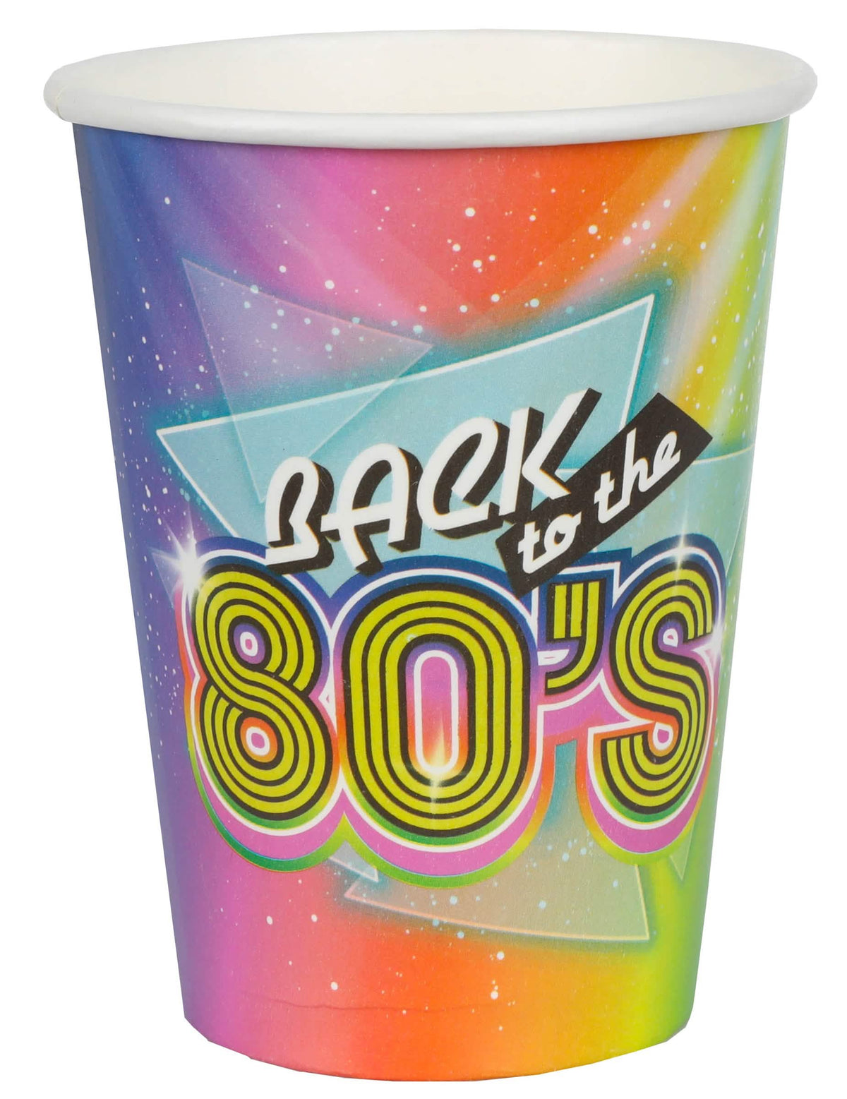 Kartonasti lončki iz 80. let za večbarvno zabavo z napisom Back to the 80's