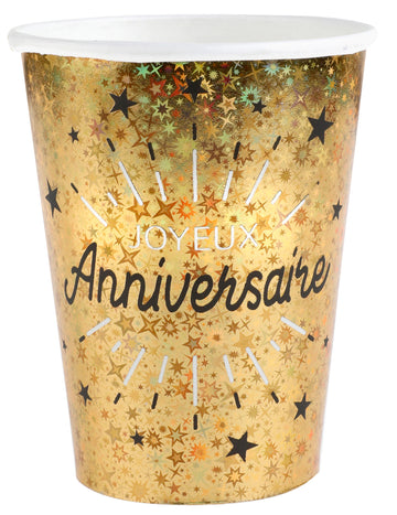 10 prazničnih črno-zlatih kartonskih skodelic "Happy Birthday"