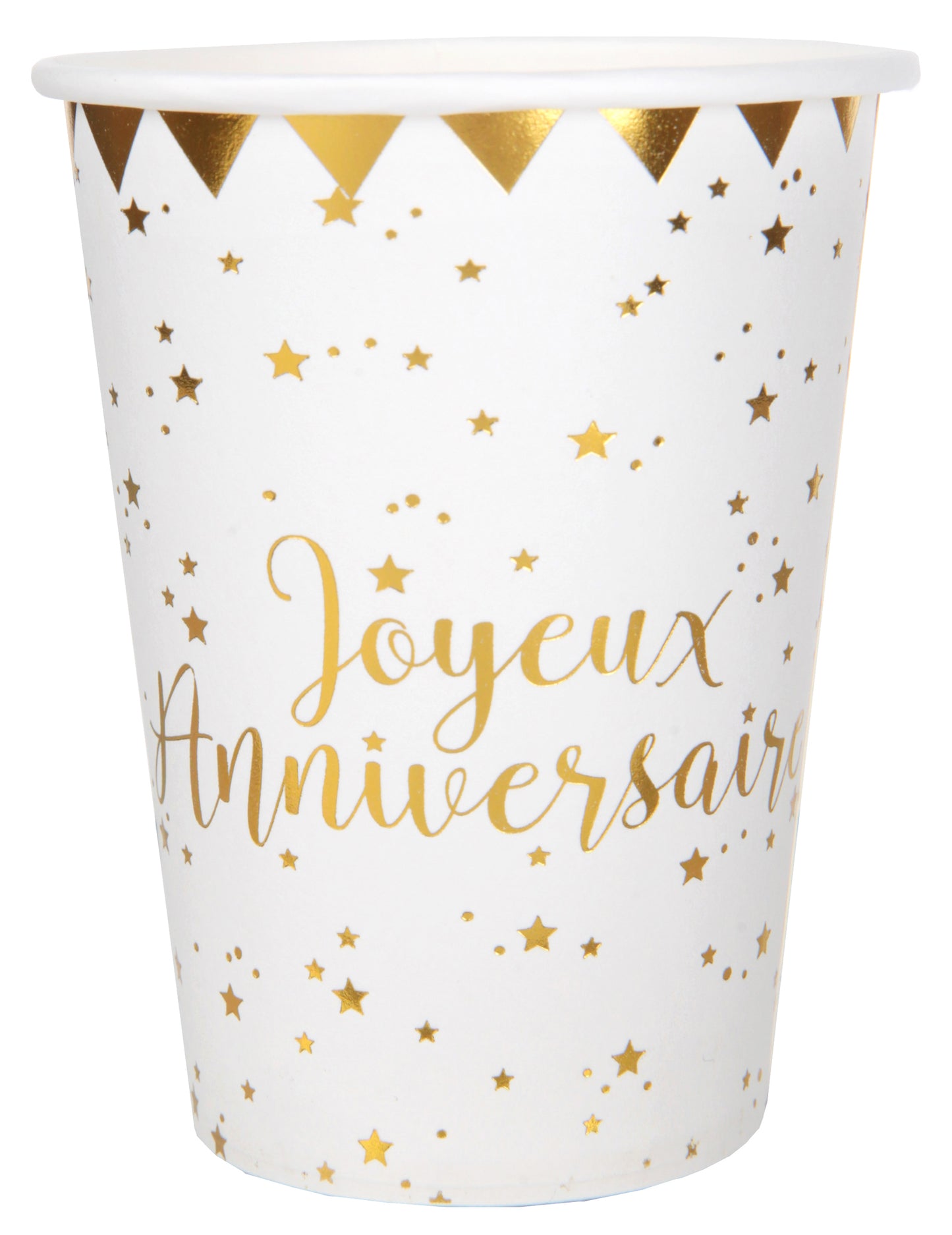 10 kovinskih belo-zlatih kartonskih skodelic "Happy Birthday", 7,8 x 9,7 cm cm zvezde