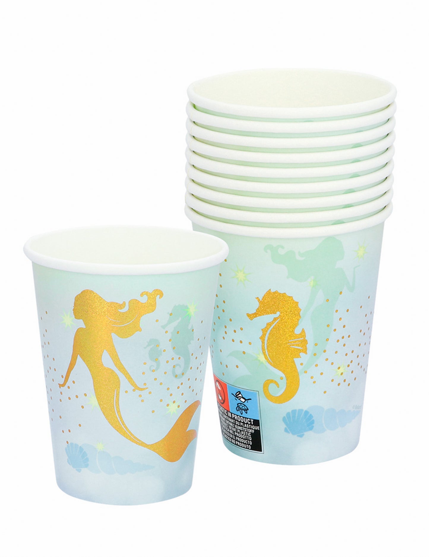 10 modro-zlatih kartonskih kozarčkov z motivom morske deklice, 210 ml