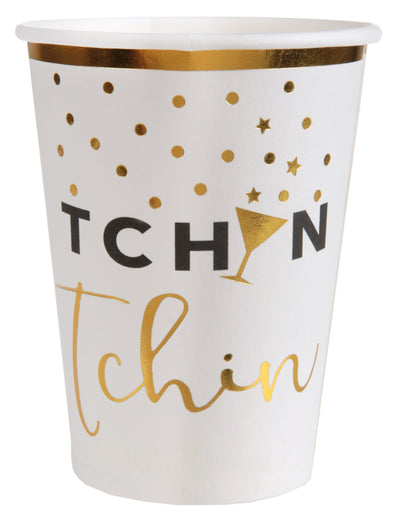 Gobelets en carton tchin tchin pour fête blanc et doré