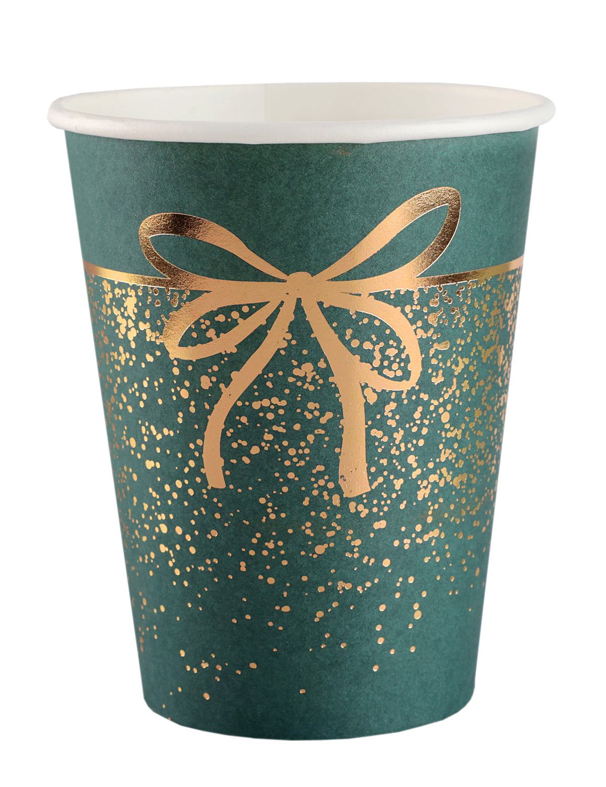 Gobelets en carton Noël pour fête vert et doré avec motif noeud