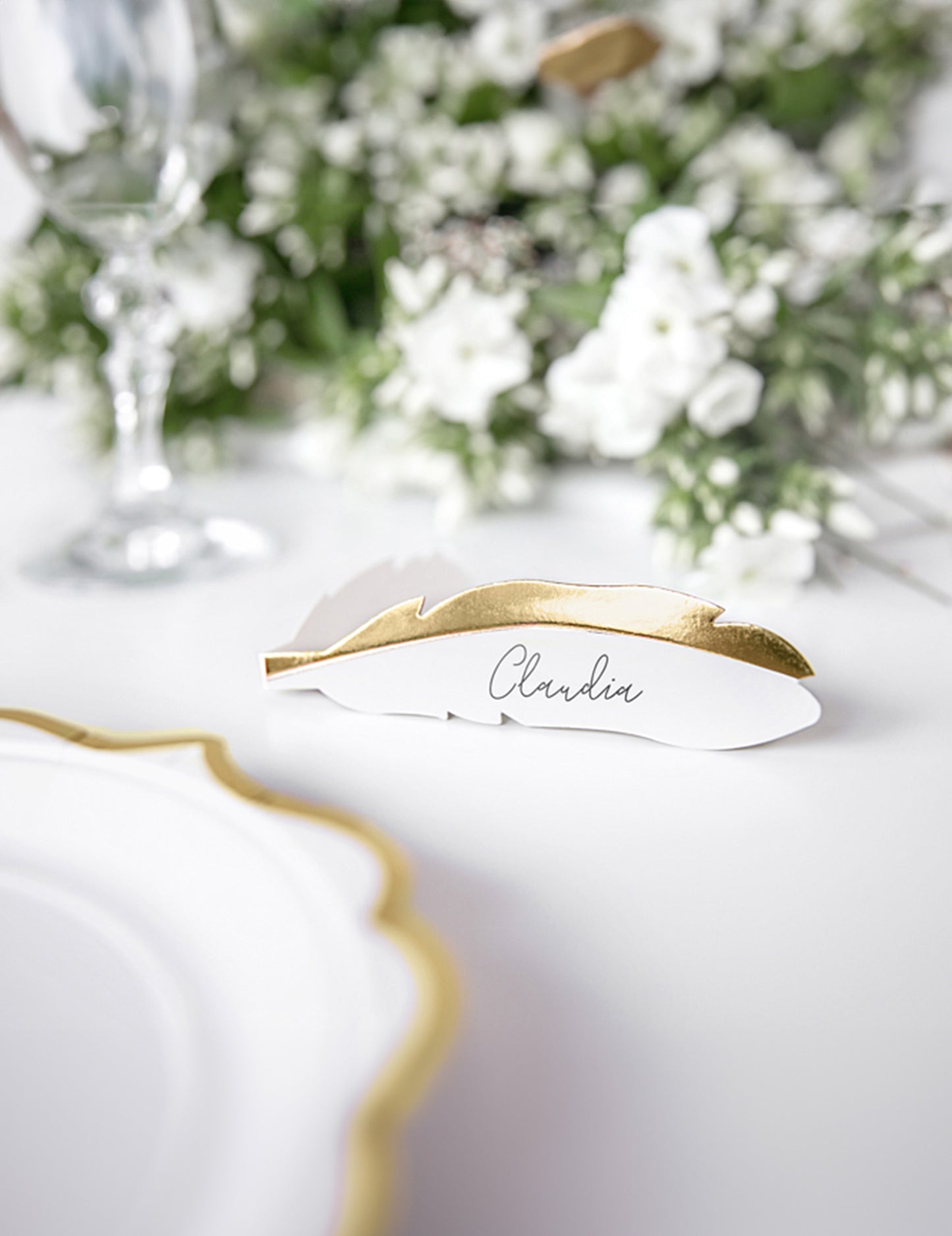 10 kartonskih mestnih kartic z belimi in kovinsko zlatimi perji, 10,5 x 3 cm za poroko