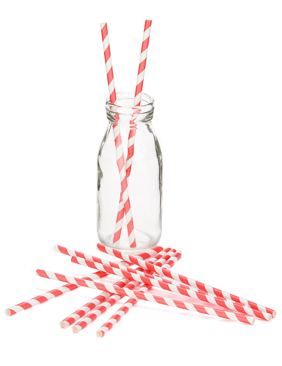 Mise en situation des pailles en carton à rayures pour fête rouges et blanches