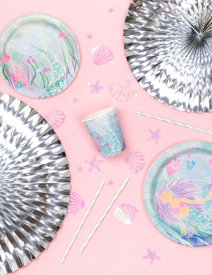 10 pailles en carton rayées blanches et menthe 19,5 cm pour fête