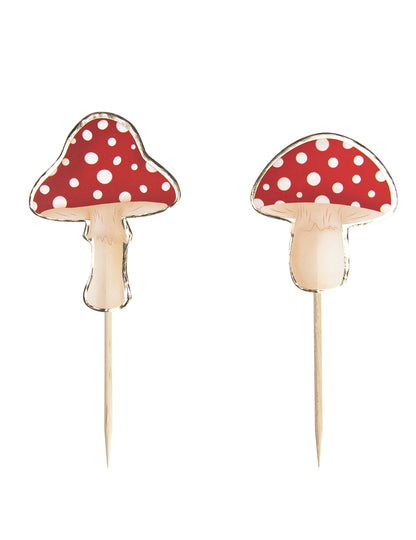 10 rdečih in belih lesenih koktajlnih palčk v obliki gob