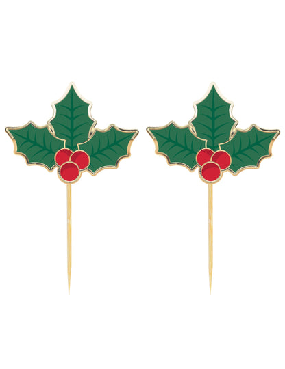 Pics à cocktail houx de Noël pour fête vert et rouge en bois