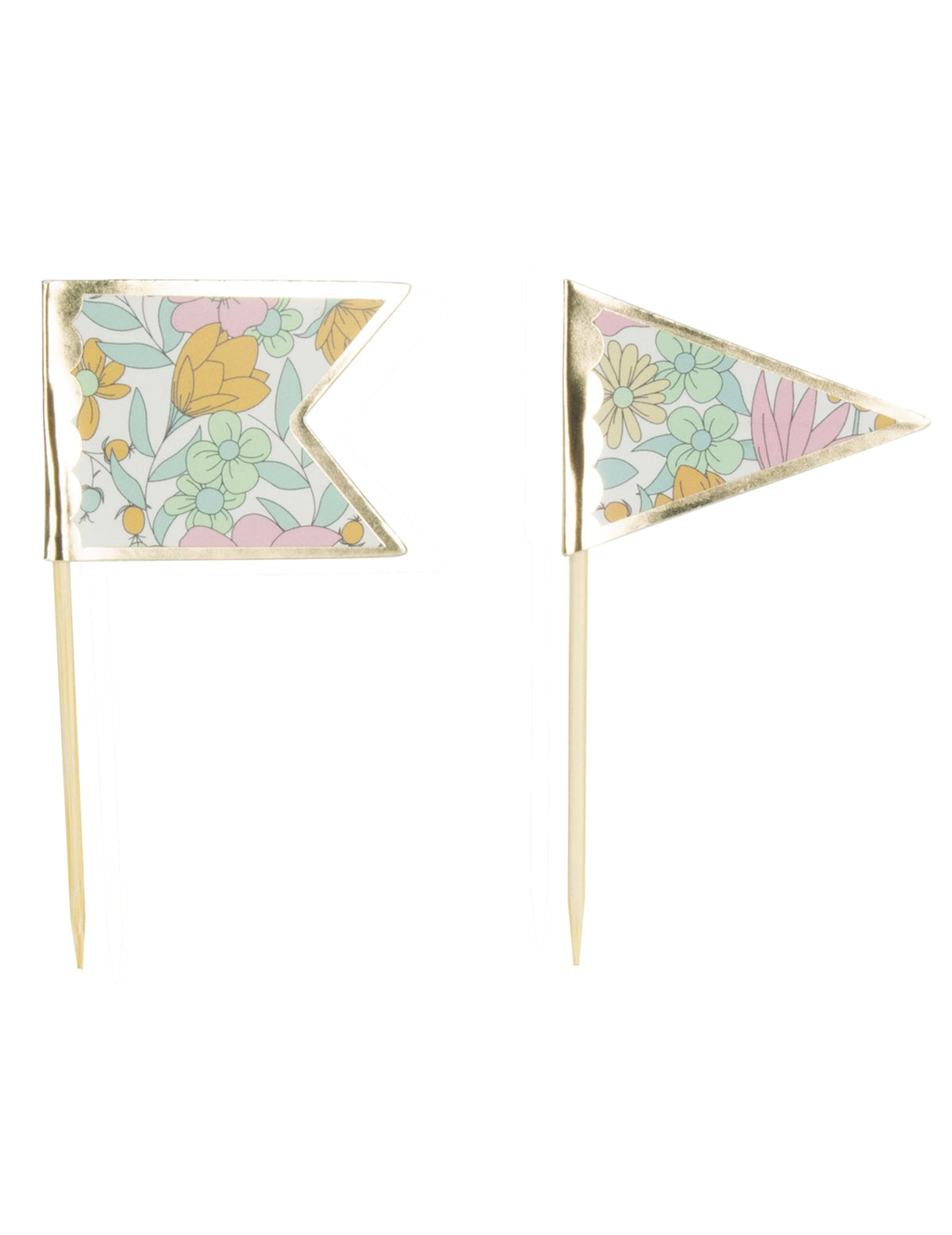 Pics à gâteaux liberty pour fête en bois avec motifs à fleurs et bordure dorée