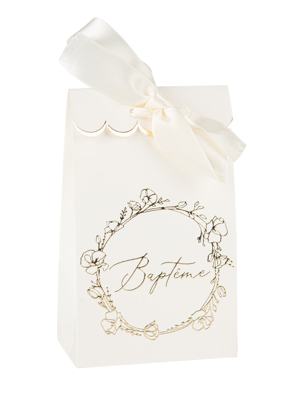 Sachet cadeau baptême en papier blanc crème et doré