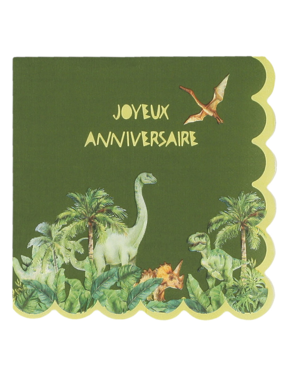 Serviettes en papier festonné joyeux anniversaire dinosaures vert avec illustrations de diplodocus et t-rex