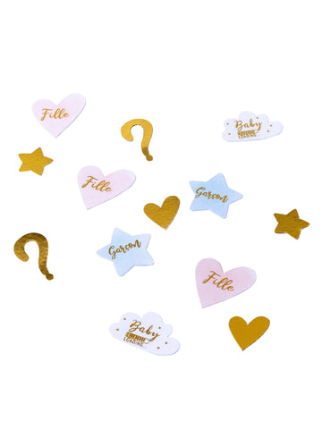 100 roza, modrih in zlatih konfetov za razkritje spola deklice ali fanta