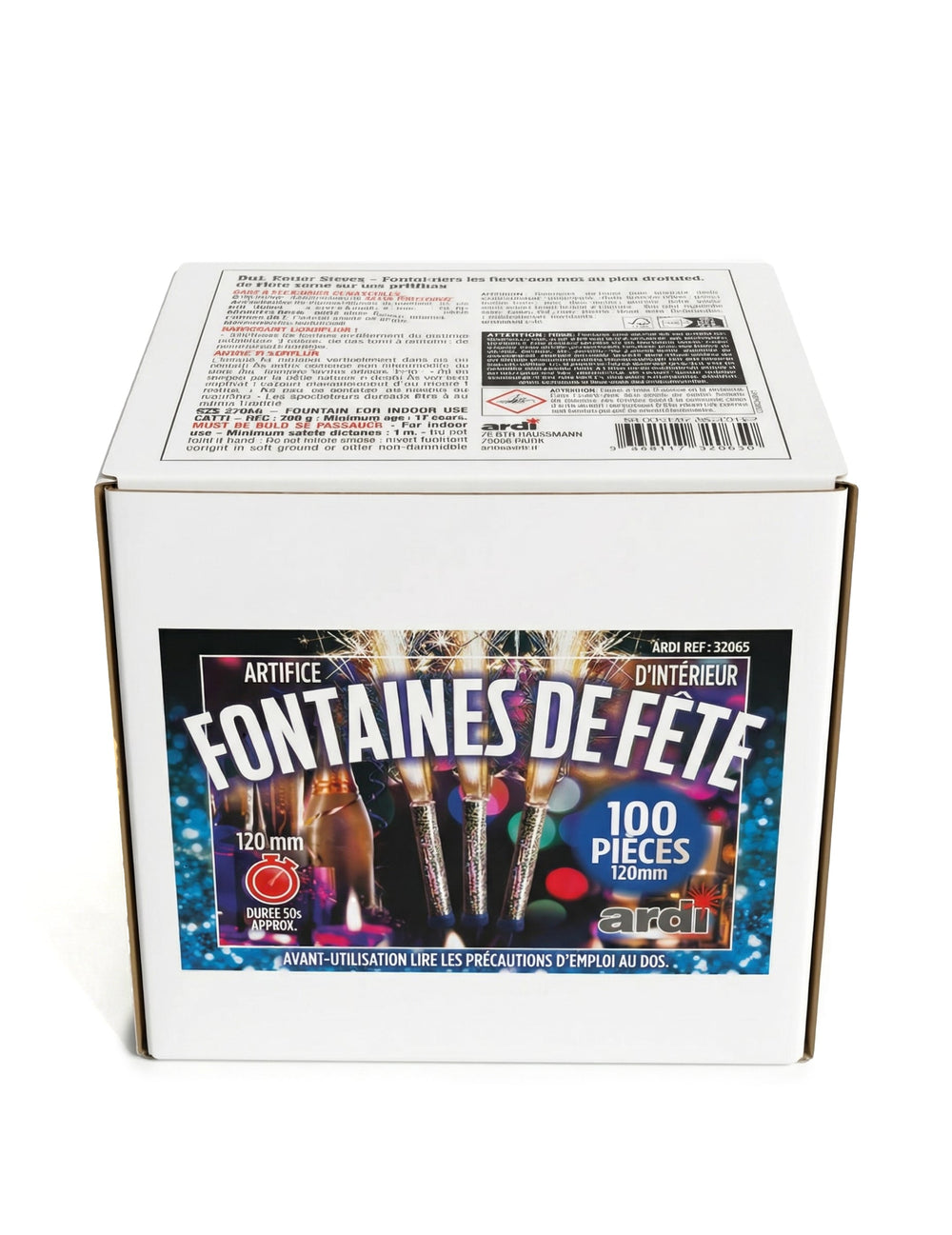 Vue de la boîte d'emballage du Fontaines scintillantes dorées pour fête