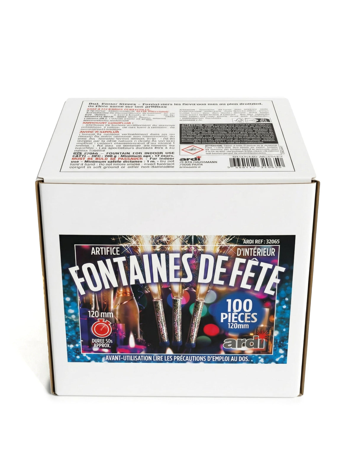 Vue de la boîte d'emballage du Fontaines scintillantes dorées pour fête