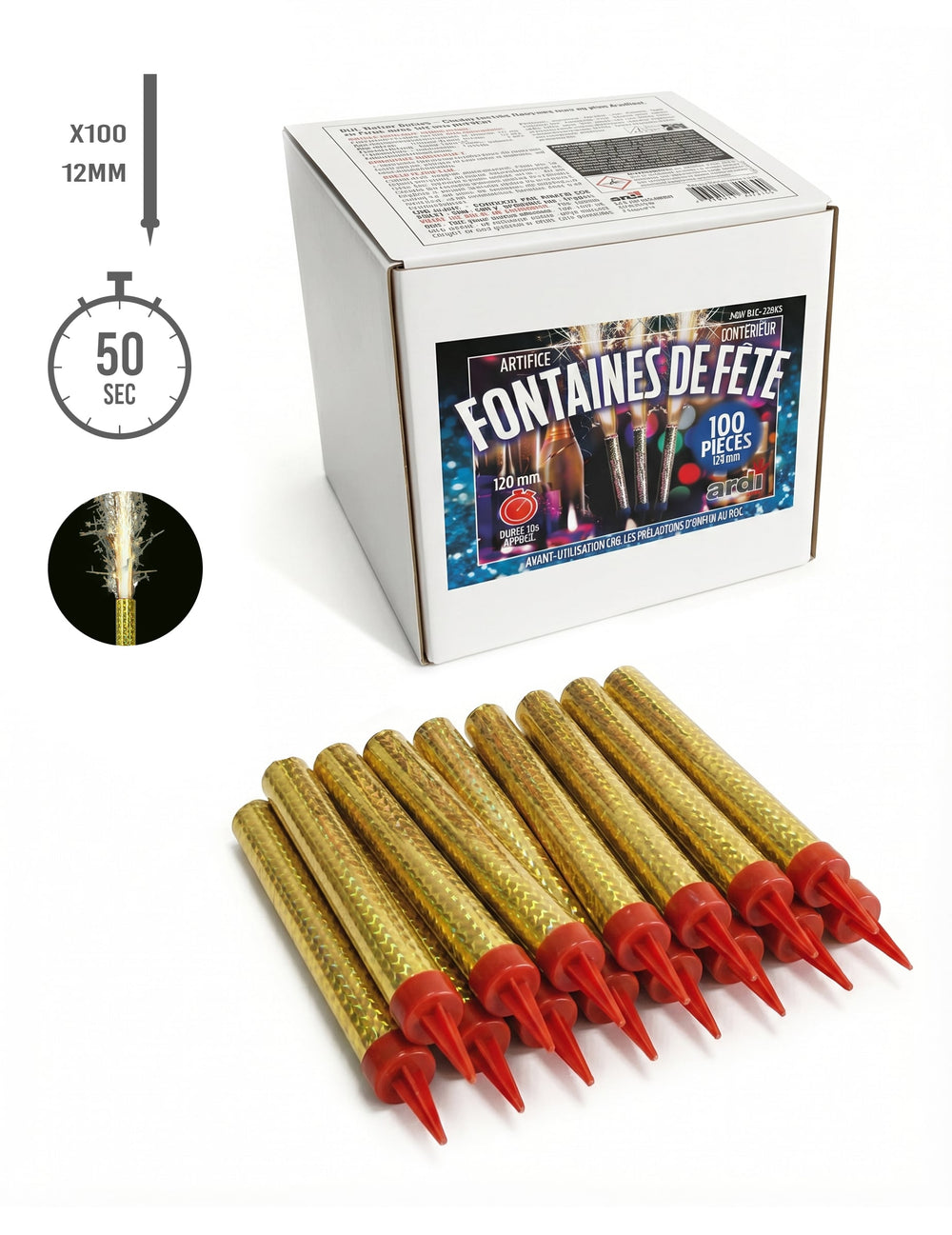 Fontaines scintillantes dorées pour fête lot de 100 pièces durée 50 secondes