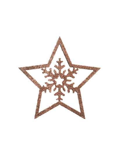 Petites décorations en bois étoiles cuivrées pailletées avec motif flocon