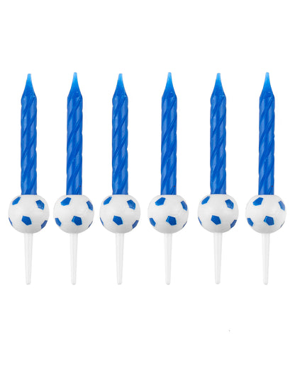Bougies d'anniversaire football pour enfant bleues avec supports ballons