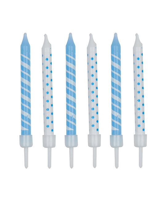 Bougies d'anniversaire rayées et à pois blanc et bleu ciel avec supports en lot de 12
