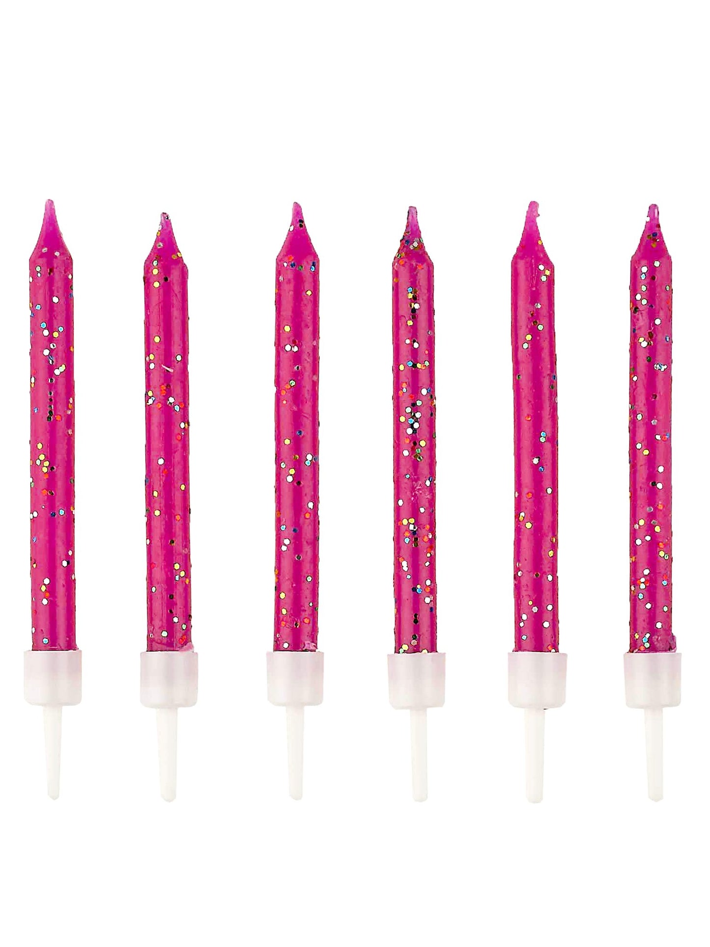 12 rojstnodnevnih svečk v fuksija roza barvi z bleščicami 6 cm s podstavki 