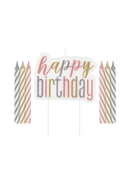 Bougies anniversaire happy birthday pastel rayées et dorées
